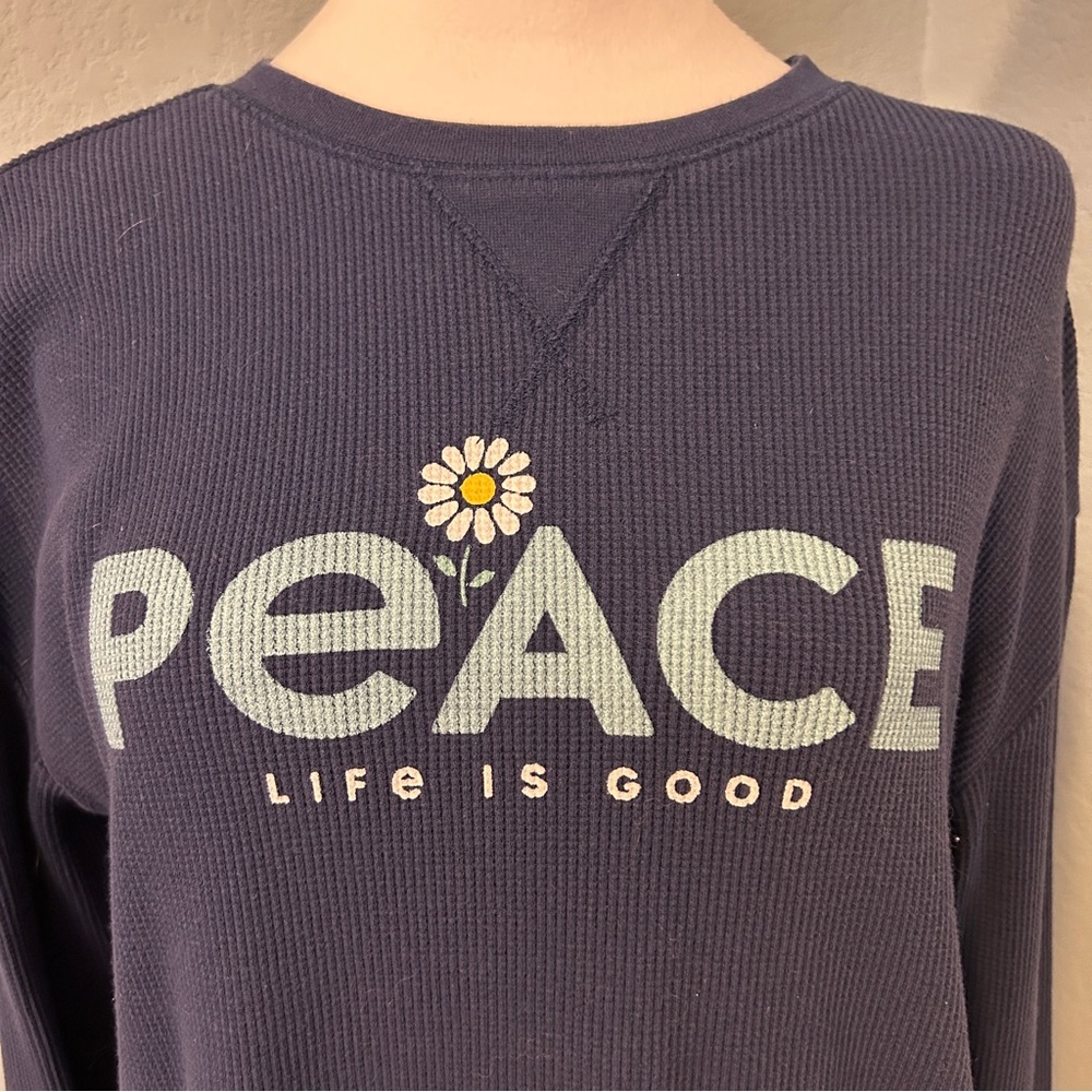 LIFE IS GOOD Sleep Navy Peace Cropped Waffle Knit Thermal Pajama Top XS - Picture 2 of 7